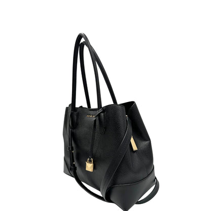 lato Borsa Michael Kors in pelle nera con parti metalliche dorate; munita di doppi manici e una tracolla amovibile e regolabile, di lusso, originale, ottime condizioni. 