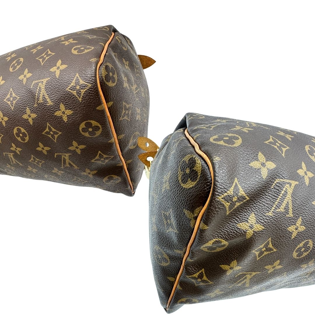 angoli Borsa Louis Vuitton in canvas monogram marrone con parti metalliche dorate; munita di doppi manici stondati, da portare a mano. Completa di dustbag, lucchetto e chiavi, di lusso, usato, ottime condizioni.