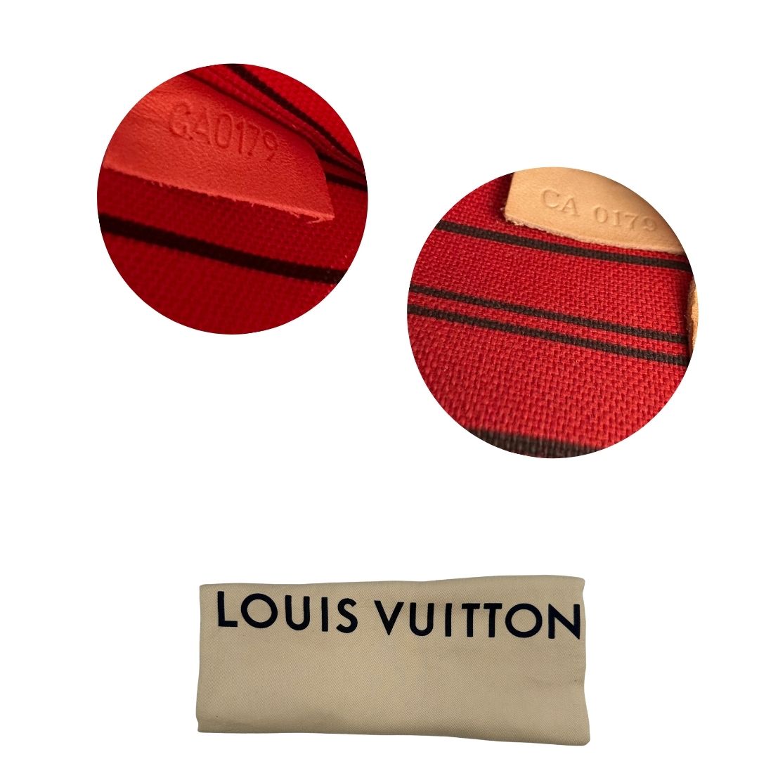 dustbag e codici Borsa Louis Vuitton Neverfull MM in canvas marrone monogram con finiture in vacchetta naturale e parti metalliche dorate; munita di doppi manici e una pochette estraibile. Indossabile a spalla. Completa di dustbag, di lusso, originale, ottime condizioni. 