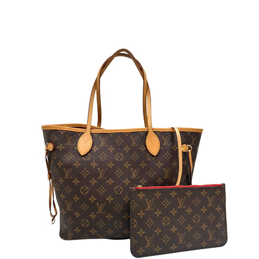 front Borsa Louis Vuitton Neverfull MM in canvas marrone monogram con finiture in vacchetta naturale e parti metalliche dorate; munita di doppi manici e una pochette estraibile. Indossabile a spalla. Completa di dustbag, di lusso, originale, ottime condizioni. 