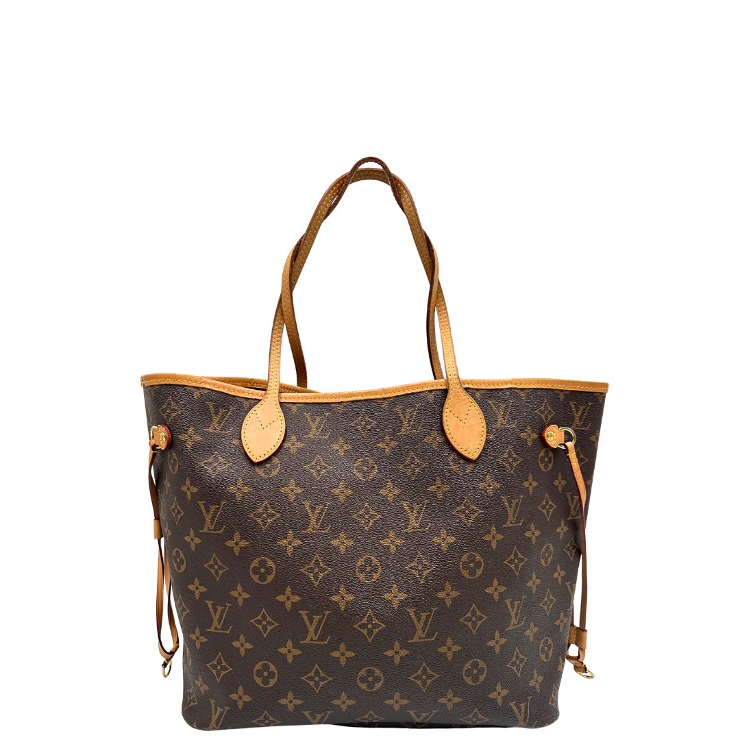 Borsa Louis Vuitton Neverfull MM in canvas marrone monogram con finiture in vacchetta naturale e parti metalliche dorate; munita di doppi manici e una pochette estraibile. Indossabile a spalla. Completa di dustbag, di lusso, originale, ottime condizioni. 