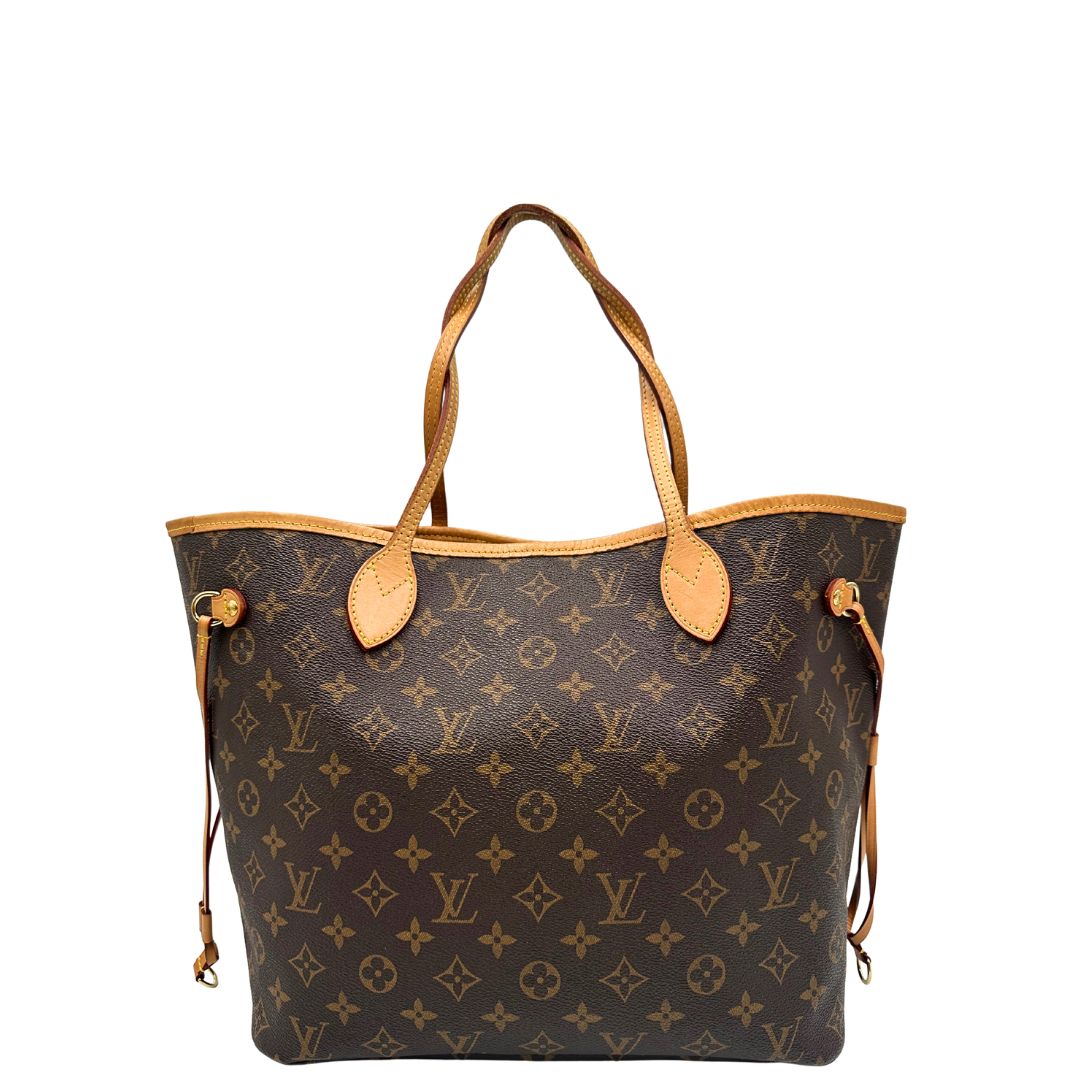 retro Borsa Louis Vuitton Neverfull MM in canvas marrone monogram con finiture in vacchetta naturale e parti metalliche dorate; munita di doppi manici e una pochette estraibile. Indossabile a spalla. Completa di dustbag, di lusso, originale, ottime condizioni. 