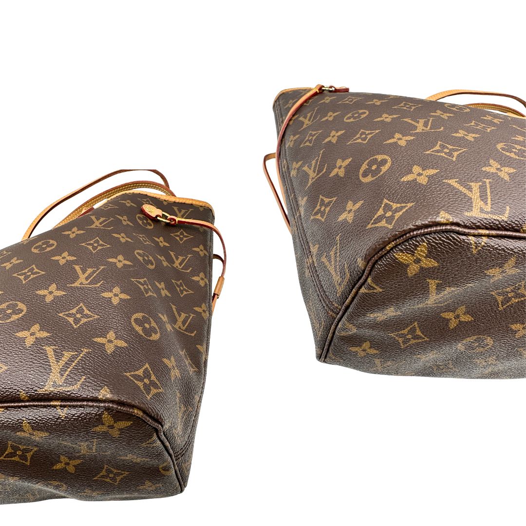 angoli Borsa Louis Vuitton Neverfull MM in canvas marrone monogram con finiture in vacchetta naturale e parti metalliche dorate; munita di doppi manici e una pochette estraibile. Indossabile a spalla. Completa di dustbag, di lusso, originale, ottime condizioni. 