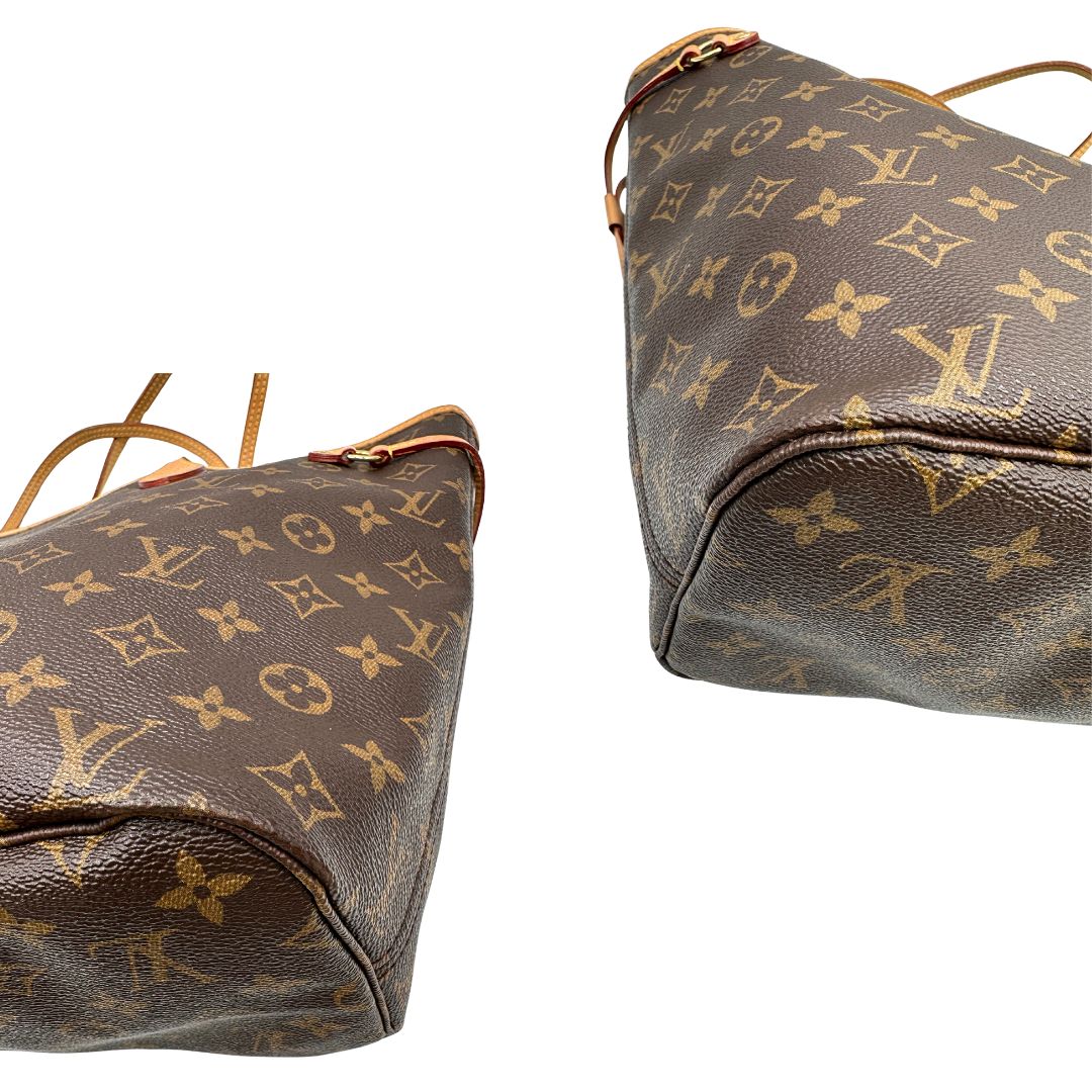 angoli Borsa Louis Vuitton Neverfull MM in canvas marrone monogram con finiture in vacchetta naturale e parti metalliche dorate; munita di doppi manici e una pochette estraibile. Indossabile a spalla. Completa di dustbag, di lusso, originale, ottime condizioni.