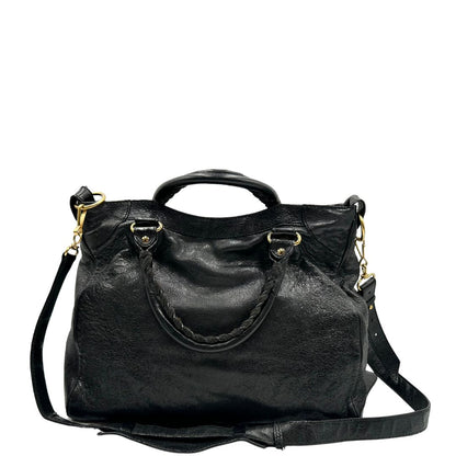 retro Borsa Balenciaga in pelle crinkled nera con parti metalliche dorate; munita di doppi manici stondati con trama a intreccio e una tracolla amovibile e regolabile. Completa di dustbag, di lusso, originale, ottime condizioni 