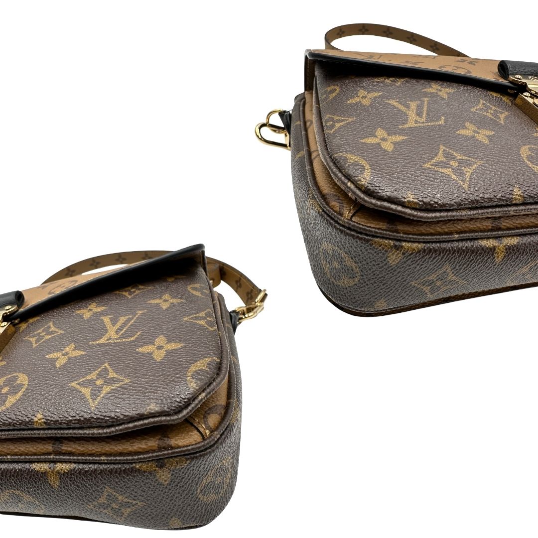 angoli Borsa Louis Vuitton Métis in canvas marrone monogram reverse con parti metalliche dorate; munita di un manico singolo e una tracolla amovibile e regolabile. Completa di scatola, di lusso, originale, ottime condizioni, usata. 