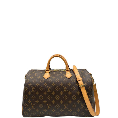 front Borsa Speedy 35 in canvas marrone monogram con finiture in vacchetta naturale e parti metalliche dorate; munita di doppi manici stondati e una tracolla amovibile e regolabile. Completa di corredo, lucchetto e chiavi, di lusso, originale, ottime condizioni. 