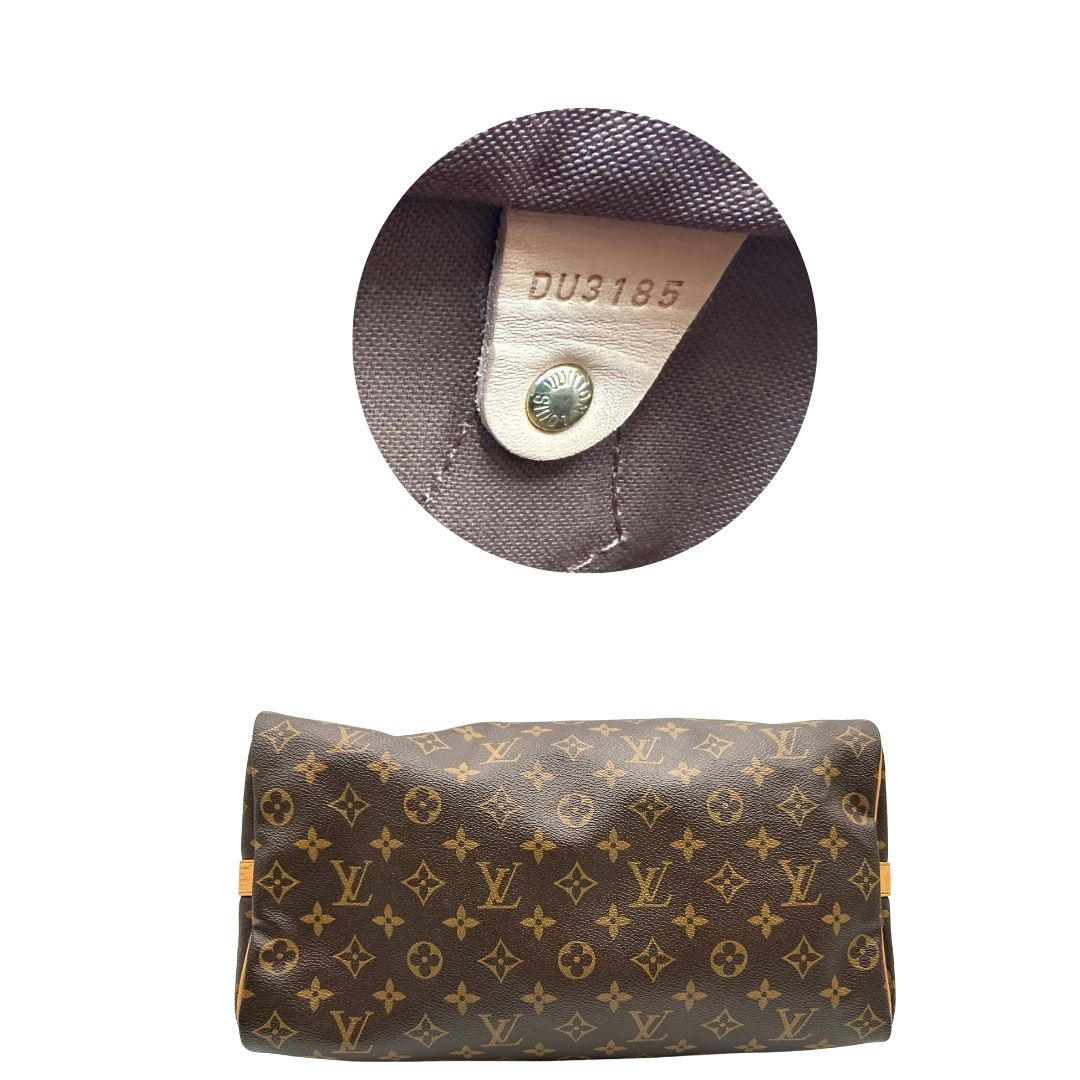 base Borsa Speedy 35 in canvas marrone monogram con finiture in vacchetta naturale e parti metalliche dorate; munita di doppi manici stondati e una tracolla amovibile e regolabile. Completa di corredo, lucchetto e chiavi, di lusso, originale, ottime condizioni. 