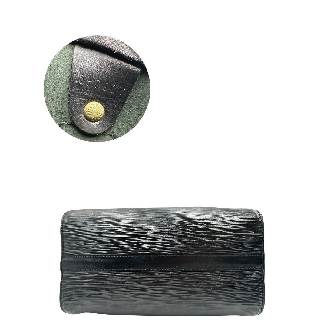 base  Borsa Louis Vuitton in pelle Epi nera con parti metalliche dorate; munito di doppi manici stondati, da portare a mano, di lusso, originale, ottime condizioni, usata.