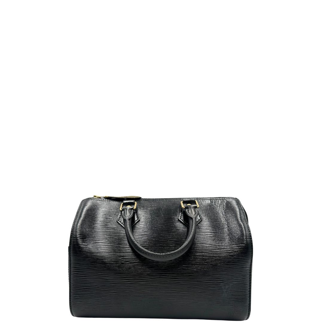 retro Borsa Louis Vuitton in pelle Epi nera con parti metalliche dorate; munito di doppi manici stondati, da portare a mano, di lusso, originale, ottime condizioni, usata. 