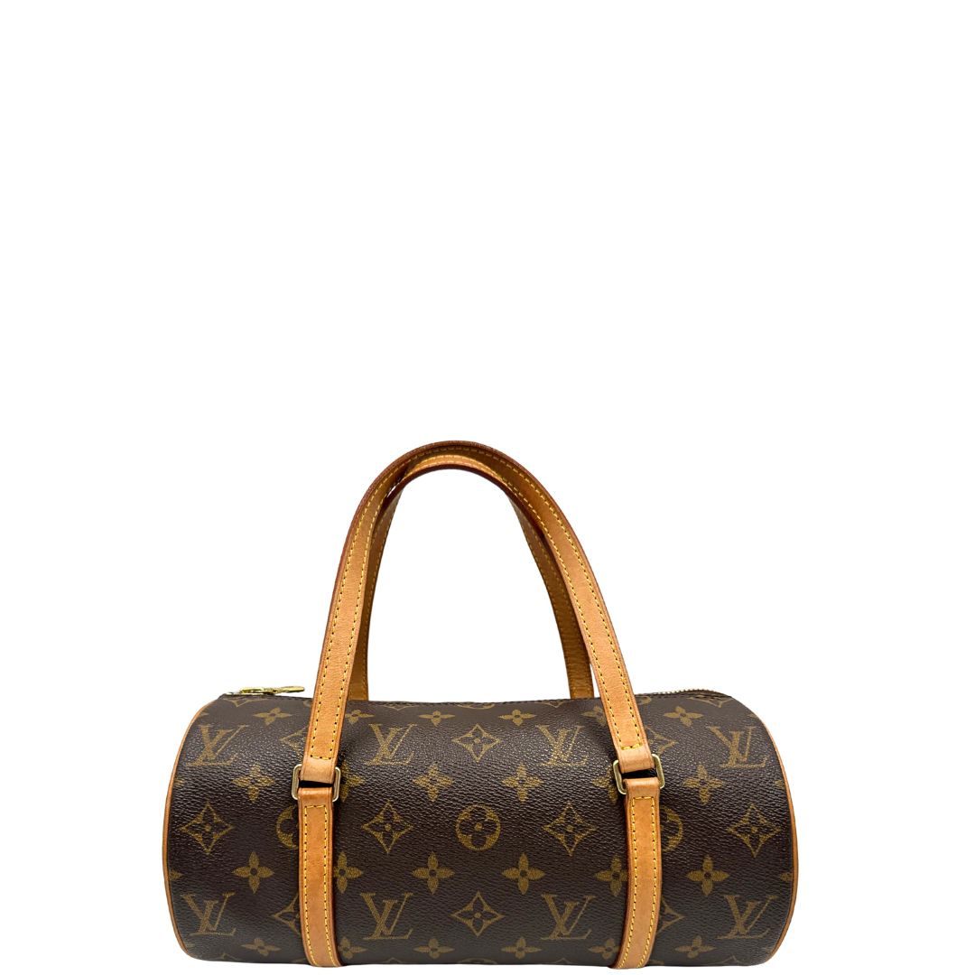 front Borsa L.V. in canvas marrone monogram con finiture in vacchetta naturale e parti metalliche dorate; munita di doppi manici, indossabile a spalla, di lusso, originale, ottime condizioni, usata. 