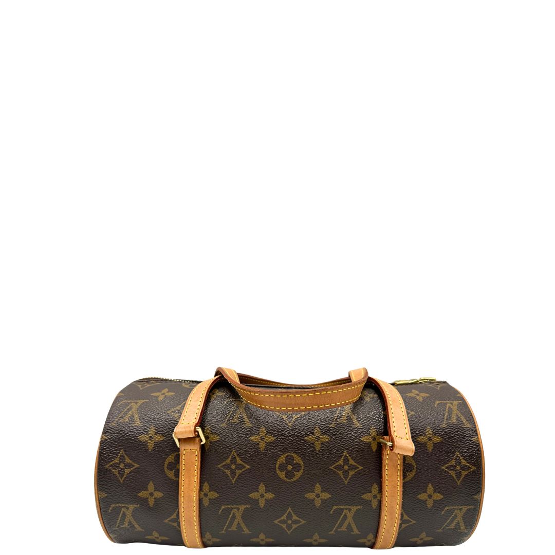 retro Borsa L.V. in canvas marrone monogram con finiture in vacchetta naturale e parti metalliche dorate; munita di doppi manici, indossabile a spalla, di lusso, originale, ottime condizioni, usata. 