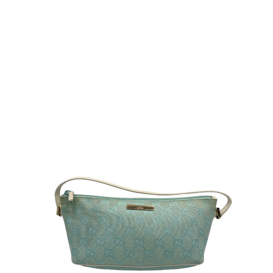 front  Borsa Gucci in tessuto celeste GG con finiture in pelle bianche e parti metalliche dorate, munita di un manico singolo, di lusso, originale, ottime condizioni. 