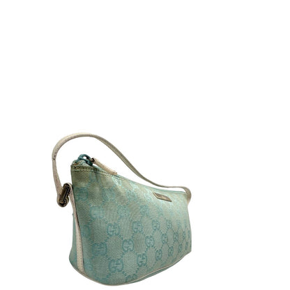 lato  Borsa Gucci in tessuto celeste GG con finiture in pelle bianche e parti metalliche dorate, munita di un manico singolo, di lusso, originale, ottime condizioni. 