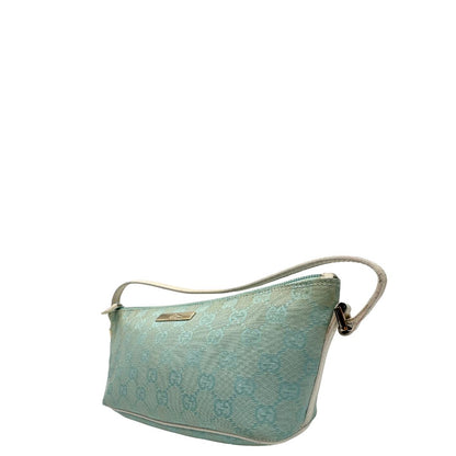 lato  Borsa Gucci in tessuto celeste GG con finiture in pelle bianche e parti metalliche dorate, munita di un manico singolo, di lusso, originale, ottime condizioni. 