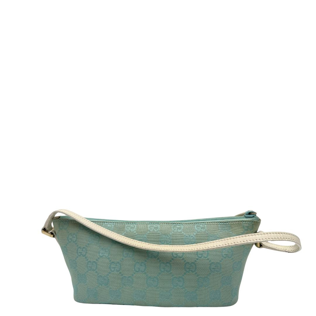 retro  Borsa Gucci in tessuto celeste GG con finiture in pelle bianche e parti metalliche dorate, munita di un manico singolo, di lusso, originale, ottime condizioni. 