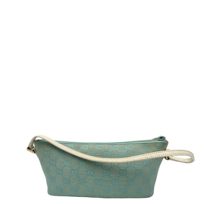 retro  Borsa Gucci in tessuto celeste GG con finiture in pelle bianche e parti metalliche dorate, munita di un manico singolo, di lusso, originale, ottime condizioni. 