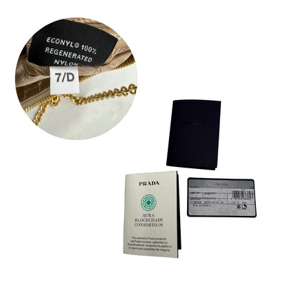 codice Borsa Prada in nylon beige con finiture in pelle tono su tono con trama struzzo e parti metalliche dorate; munita di doppi manici, uno in catena e uno in pelle, entrambe amovibili, di lusso, originale, ottime condizioni. 