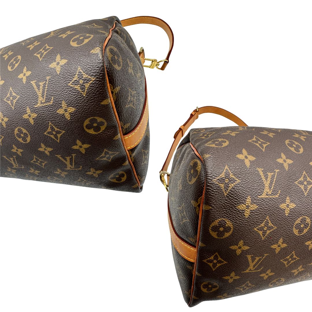 angoli Borsa Speedy 35 in canvas marrone monogram con finiture in vacchetta naturale e parti metalliche dorate; munita di doppi manici stondati e una tracolla amovibile e regolabile. Completa di lucchetto e dustbag, di lusso, originale, ottime condizioni. 