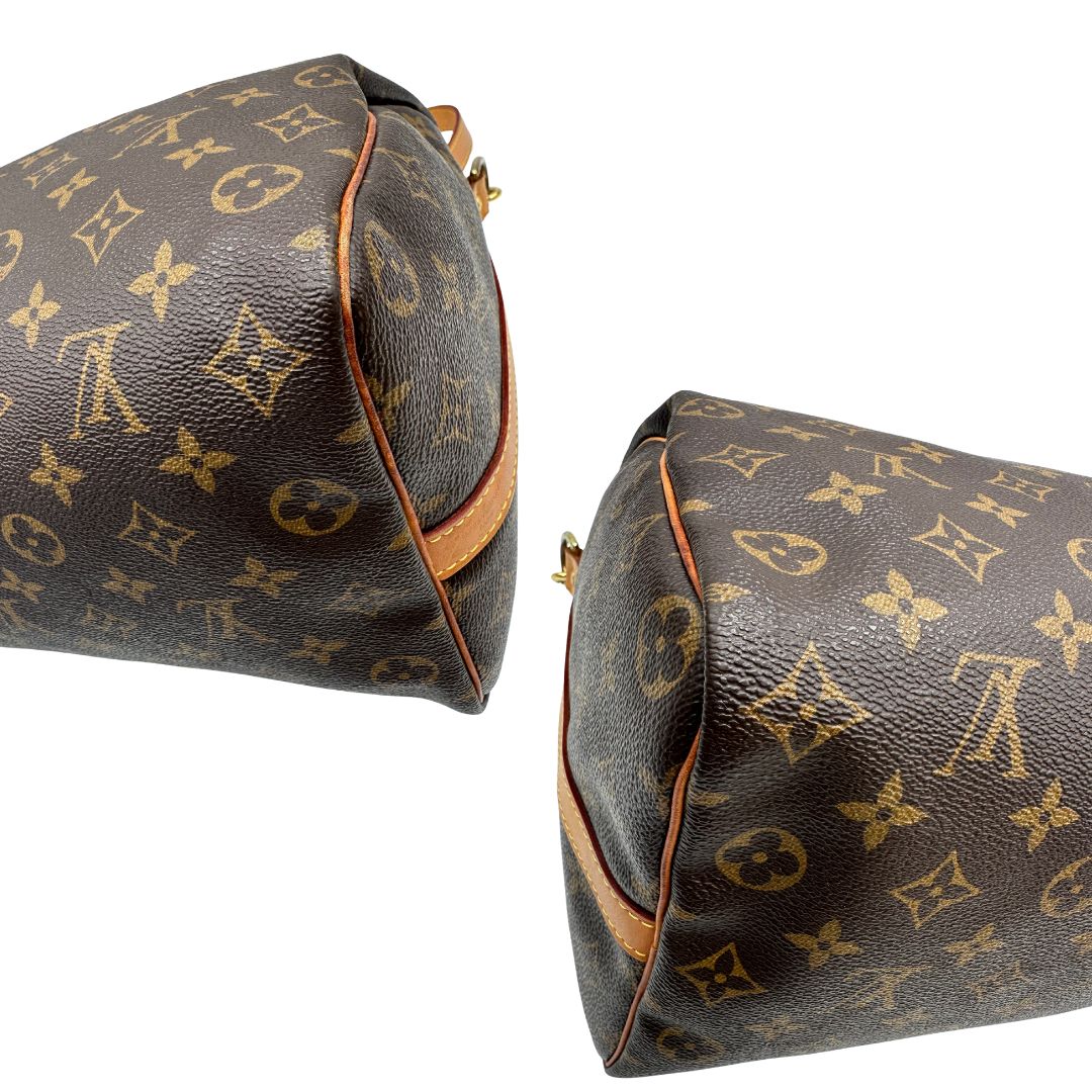 angoli Borsa Speedy 35 in canvas marrone monogram con finiture in vacchetta naturale e parti metalliche dorate; munita di doppi manici stondati e una tracolla amovibile e regolabile. Completa di lucchetto e dustbag, di lusso, originale, ottime condizioni. 