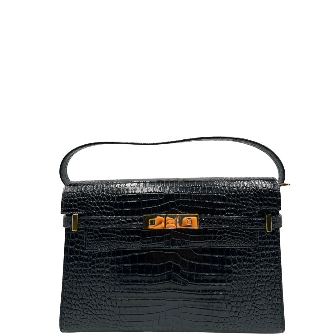 Front di una Borsa Saint Laurent in pelle nera in trama cocco con parti metalliche dorate. Munita di una tracolla regolabile con fibbia. Originale, usata, di lusso, in ottime condizioni.