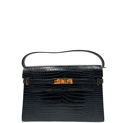 Front di una Borsa Saint Laurent in pelle nera in trama cocco con parti metalliche dorate. Munita di una tracolla regolabile con fibbia. Originale, usata, di lusso, in ottime condizioni.