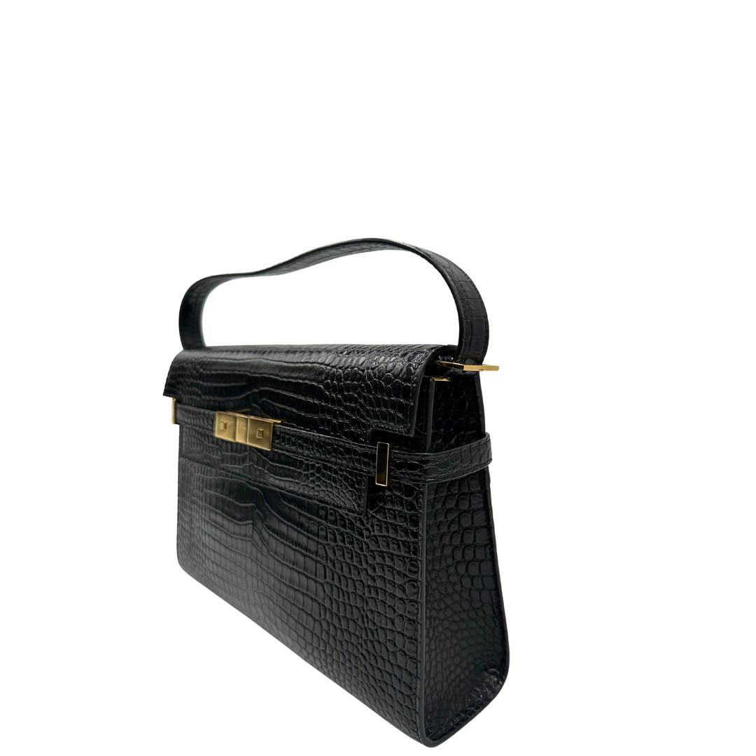 Lato sinistro di una Borsa Saint Laurent in pelle nera in trama cocco con parti metalliche dorate. Munita di una tracolla regolabile con fibbia. Originale, usata, di lusso, in ottime condizioni.