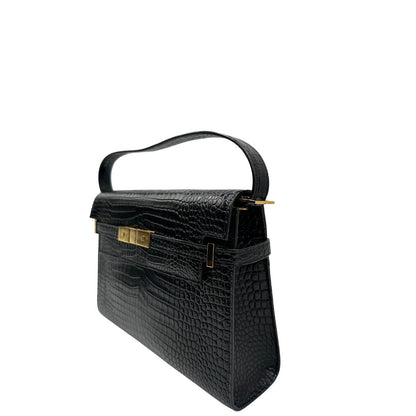 Lato sinistro di una Borsa Saint Laurent in pelle nera in trama cocco con parti metalliche dorate. Munita di una tracolla regolabile con fibbia. Originale, usata, di lusso, in ottime condizioni.