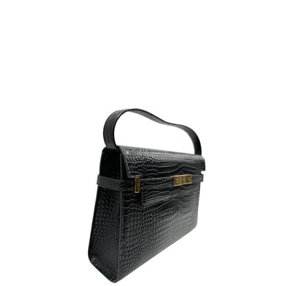 Lato destro di una Borsa Saint Laurent in pelle nera in trama cocco con parti metalliche dorate. Munita di una tracolla regolabile con fibbia. Originale, usata, di lusso, in ottime condizioni.