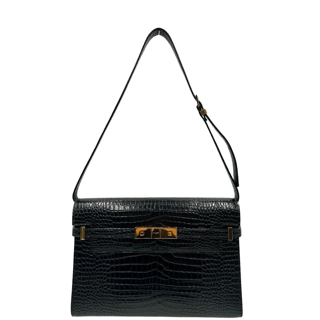 Front di una Borsa Saint Laurent in pelle nera in trama cocco con parti metalliche dorate. Munita di una tracolla regolabile con fibbia. Originale, usata, di lusso, in ottime condizioni.