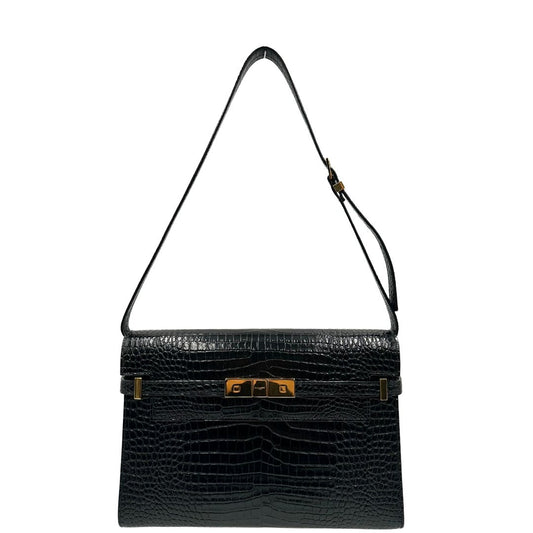Front di una Borsa Saint Laurent in pelle nera in trama cocco con parti metalliche dorate. Munita di una tracolla regolabile con fibbia. Originale, usata, di lusso, in ottime condizioni.