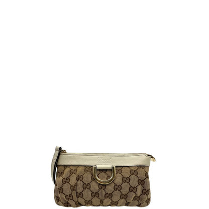 Front di una Pochette Gucci in tessuto Gucci in tessuto GG beige con finiture in pelle bianca e parti metalliche dorate; munita di un polsino, da portare a mano. Completa di scatola. Originale, usata, di lusso, in ottime condizioni.