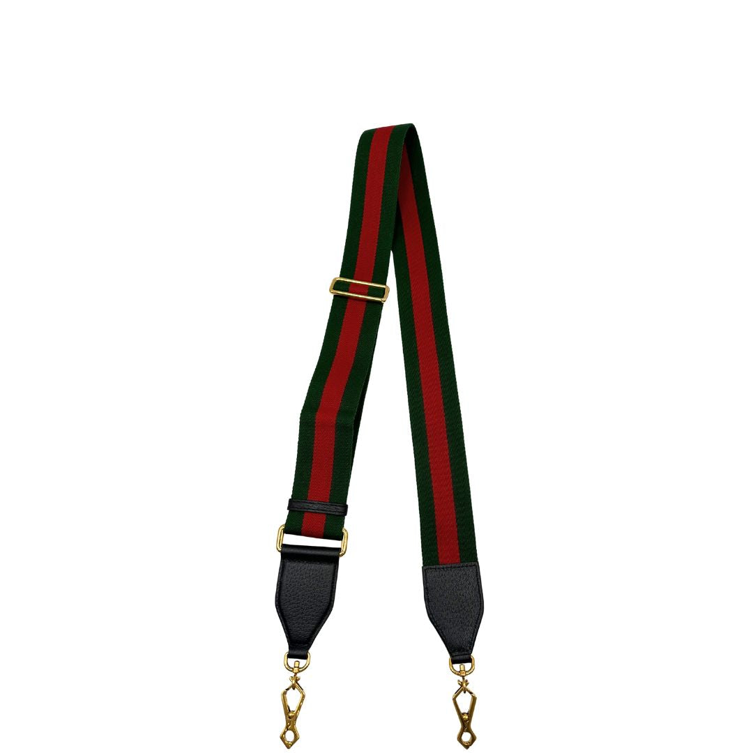 Tracolla Gucci in tessuto con iconica striscia web verde e rossa, con parti in pelle nera e parti metalliche dorate, di lusso, eccellenti condizioni.