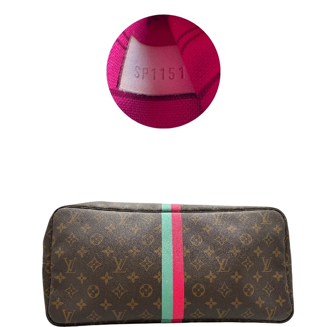 base e codice della Borsa Louis Vuitton Neverfull GM in canvas marrone monogram con finiture in vacchetta naturale; munita di doppi manici, indossabile a spalla. Completa di dustbag, di lusso, originale, ottime condizioni, usata.