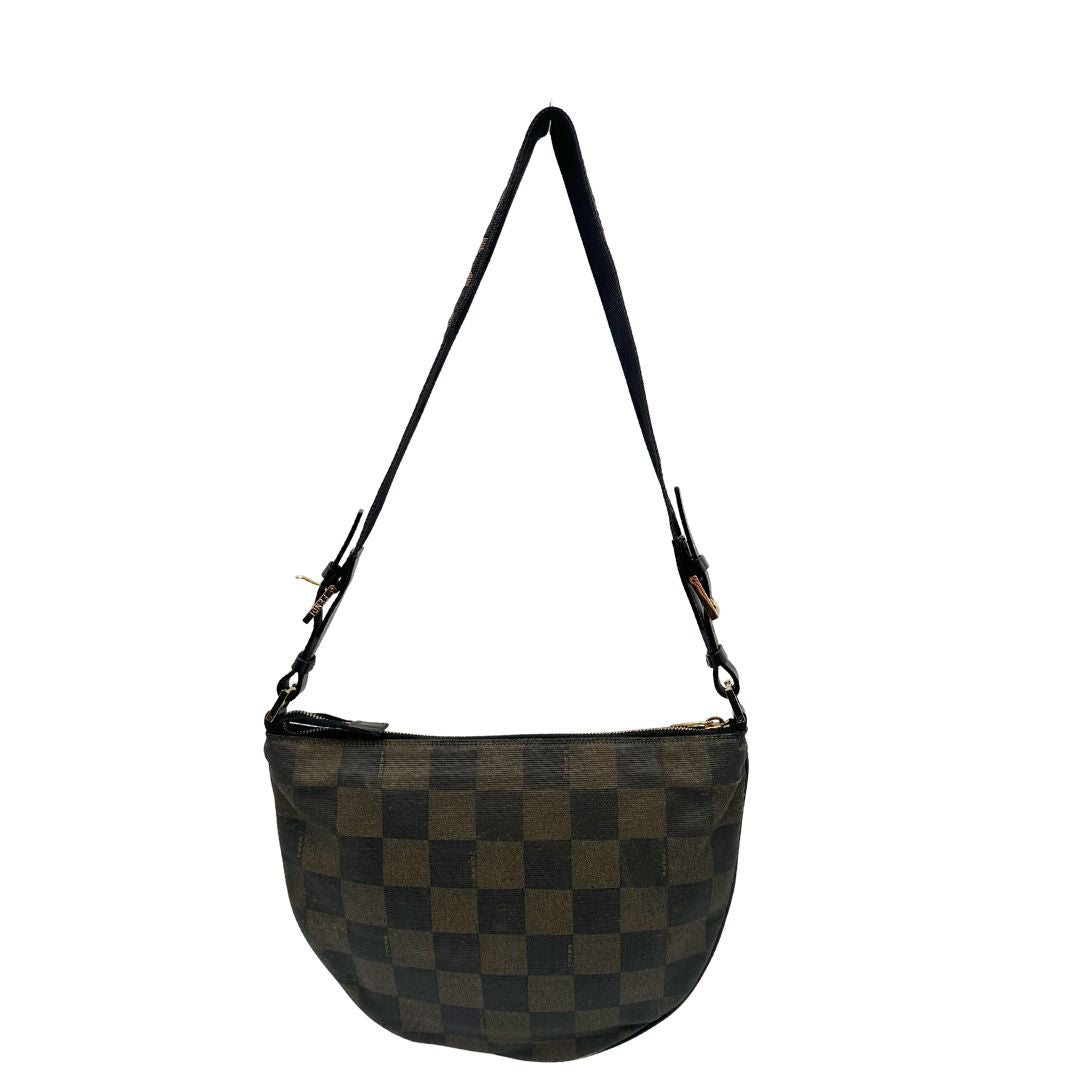 retro della Borsa Fendi in canvas trama scacchi sui toni del marrone con finiture in pelle e parti metalliche dorate; munita di una tracolla in tessuto regolabile, di lusso, originale, buone condizioni. 