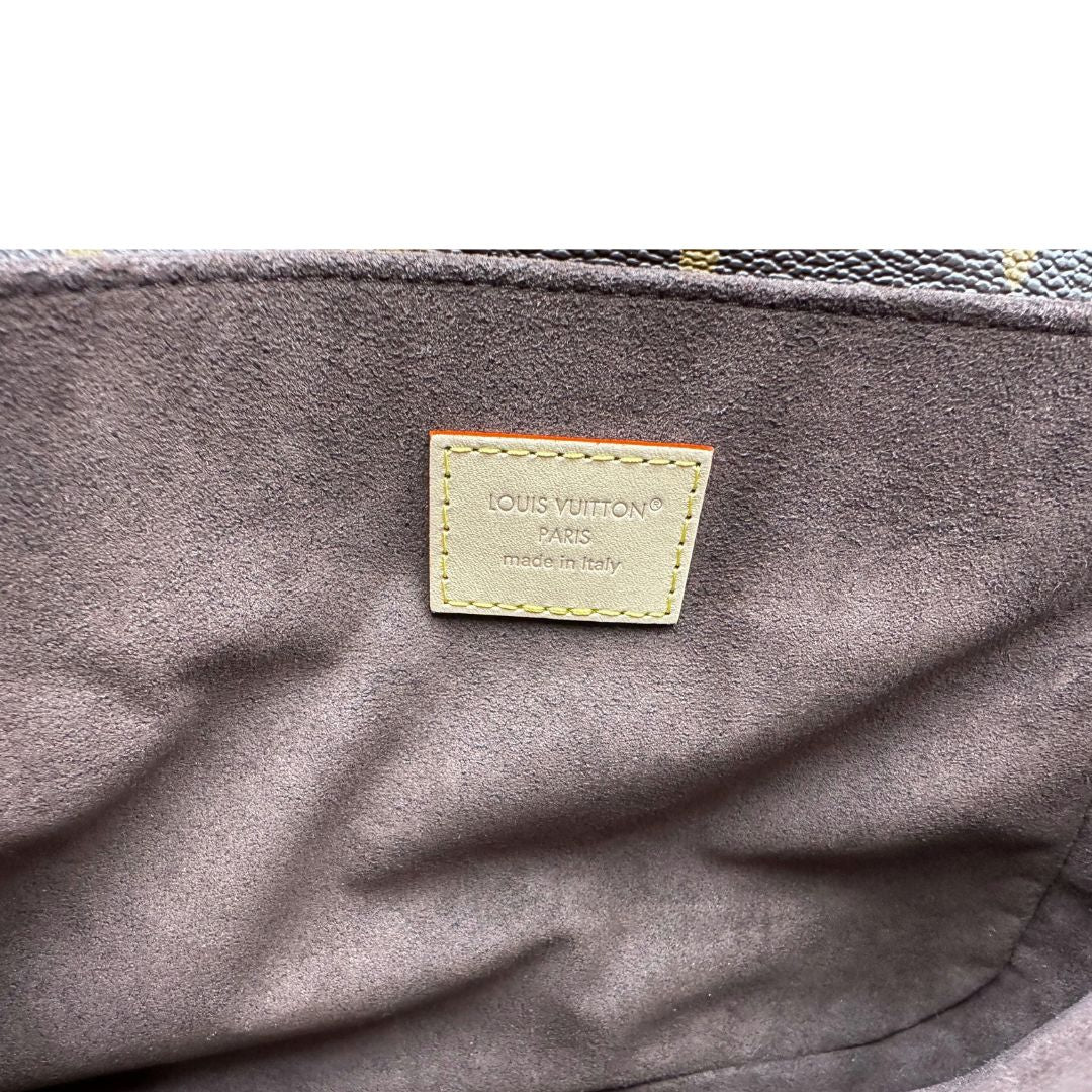 Interno di una Borsa Louis Vuitton Métis in canvas marrone monogram con dettagli in vacchetta naturale e parti metalliche dorate. Munita di un manico singolo e una tracolla regolabile e amovibile. Dotata di busta, scatola e dustbag. PRESENZA DI NFC .Originale, usata, di lusso, in ottime condizioni.