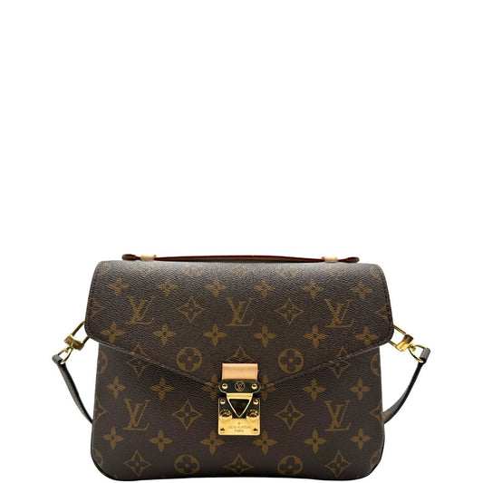 Front di una Borsa Louis Vuitton Métis in canvas marrone monogram con dettagli in vacchetta naturale e parti metalliche dorate. Munita di un manico singolo e una tracolla regolabile e amovibile. Dotata di busta, scatola e dustbag. PRESENZA DI NFC .Originale, usata, di lusso, in ottime condizioni.