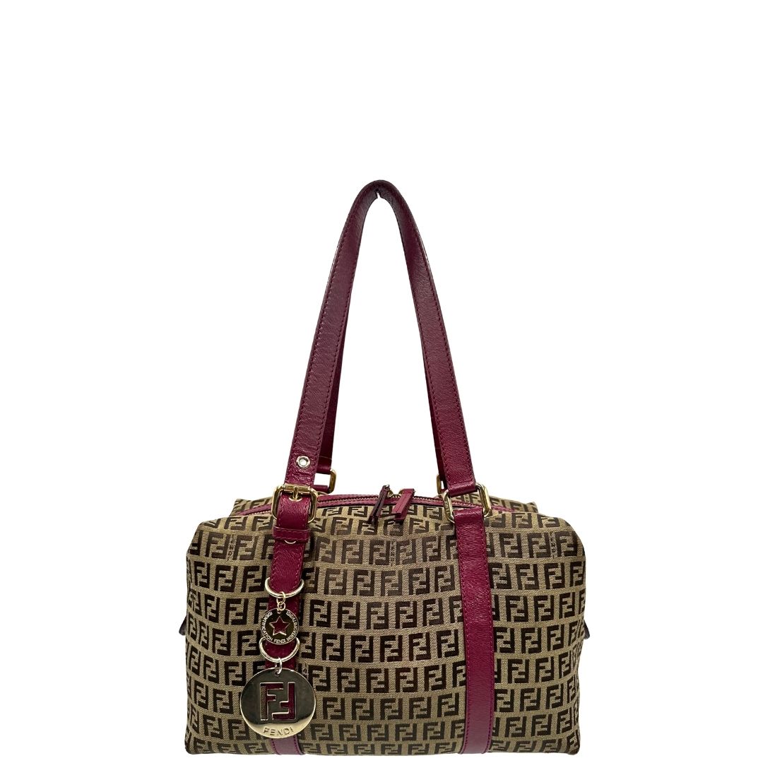 front Borsa Fendi in tessuto color tabacco trama Zucchino con finiture in pelle color amaranto e parti metalliche dorate; munita di doppi manici, da portare a spalla, di lusso, buone condizioni, originale. 