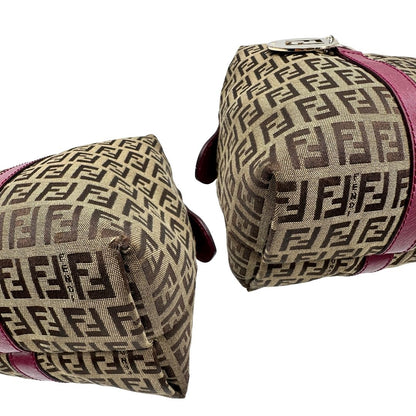 angoli Borsa Fendi in tessuto color tabacco trama Zucchino con finiture in pelle color amaranto e parti metalliche dorate; munita di doppi manici, da portare a spalla, di lusso, buone condizioni, originale. 