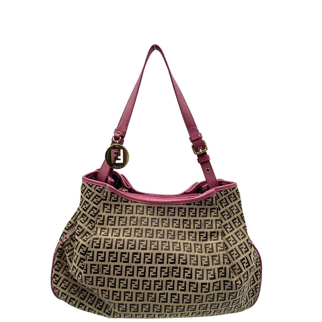 front Borsa Fendi in tessuto color tabacco trama Zucchino con finiture in pelle rosa e parti metalliche dorate; munita di un manico singolo, indossabile a spalla, di lusso, originale, ottime condizioni. 