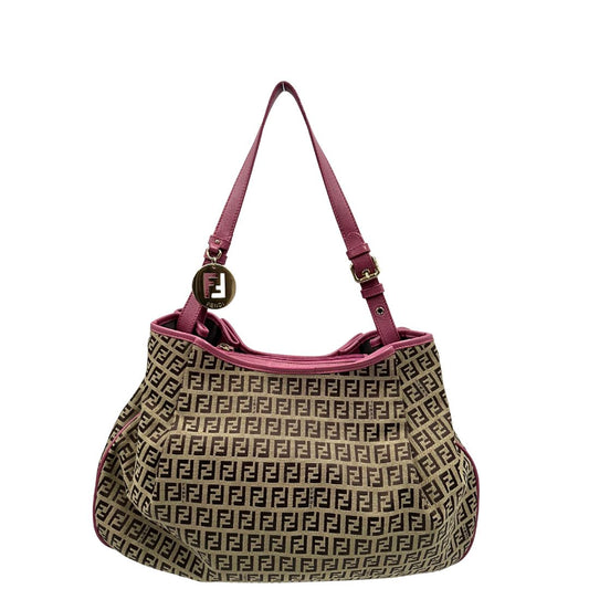 front Borsa Fendi in tessuto color tabacco trama Zucchino con finiture in pelle rosa e parti metalliche dorate; munita di un manico singolo, indossabile a spalla, di lusso, originale, ottime condizioni. 