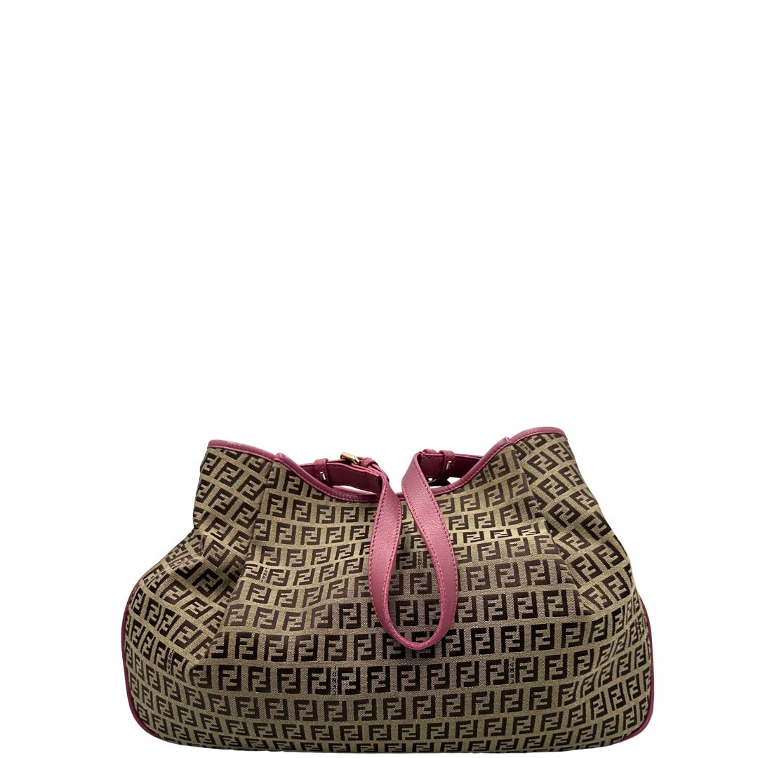 retro Borsa Fendi in tessuto color tabacco trama Zucchino con finiture in pelle rosa e parti metalliche dorate; munita di un manico singolo, indossabile a spalla, di lusso, originale, ottime condizioni. 