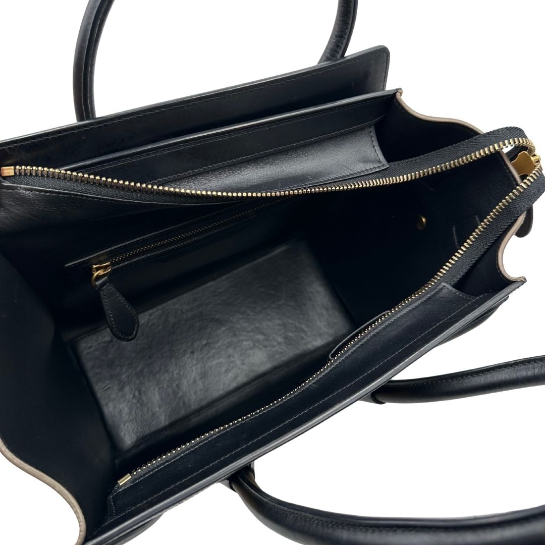 interno Borsa Céline Luggage in pelle multicolr nera, gialla e laterali in pelle scamosciata beige, con parti metalliche dorate e doppi manici stondati. Completa di dustbag, di lusso, originale, ottime condizioni, usata. 