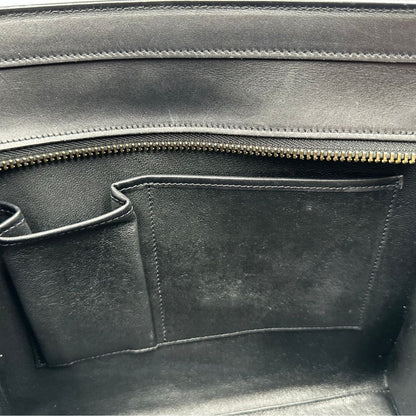 interno Borsa Céline Luggage in pelle multicolr nera, gialla e laterali in pelle scamosciata beige, con parti metalliche dorate e doppi manici stondati. Completa di dustbag, di lusso, originale, ottime condizioni, usata. 