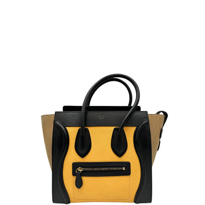front Borsa Céline Luggage in pelle multicolr nera, gialla e laterali in pelle scamosciata beige, con parti metalliche dorate e doppi manici stondati. Completa di dustbag, di lusso, originale, ottime condizioni, usata. 