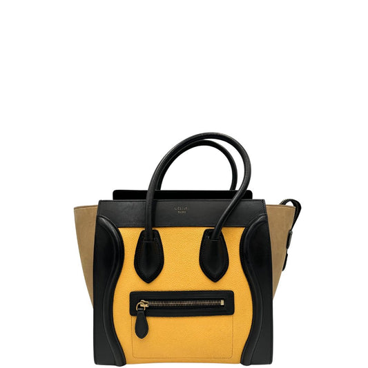 front Borsa Céline Luggage in pelle multicolr nera, gialla e laterali in pelle scamosciata beige, con parti metalliche dorate e doppi manici stondati. Completa di dustbag, di lusso, originale, ottime condizioni, usata. 