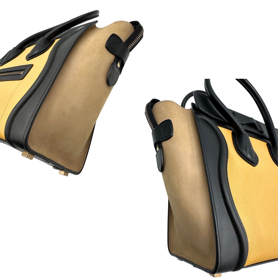 angoli Borsa Céline Luggage in pelle multicolr nera, gialla e laterali in pelle scamosciata beige, con parti metalliche dorate e doppi manici stondati. Completa di dustbag, di lusso, originale, ottime condizioni, usata. 