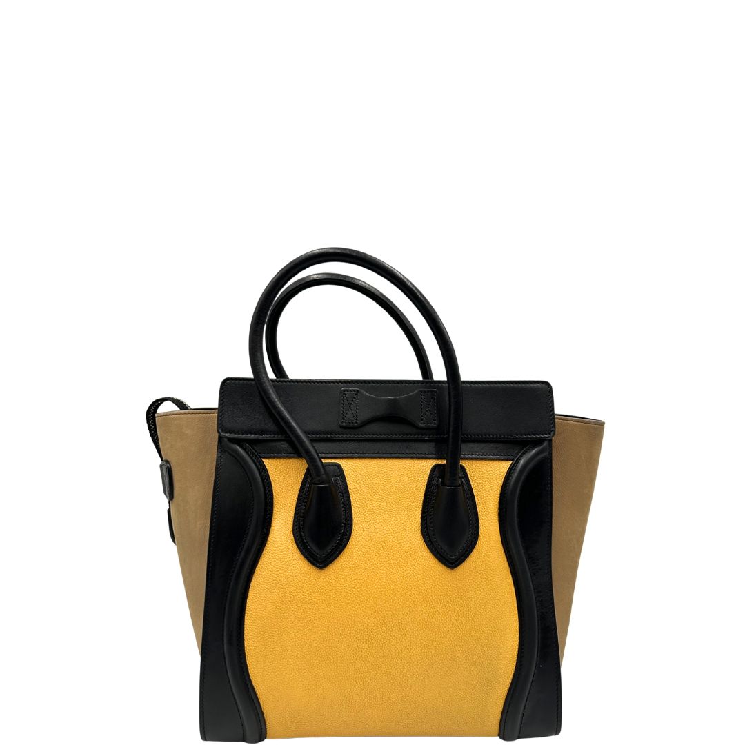 retro Borsa Céline Luggage in pelle multicolr nera, gialla e laterali in pelle scamosciata beige, con parti metalliche dorate e doppi manici stondati. Completa di dustbag, di lusso, originale, ottime condizioni, usata. 