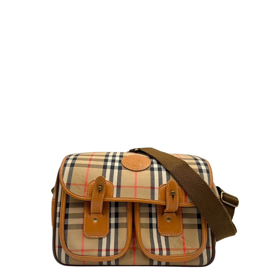 front Borsa Burberry in tessuto beige tartan con finiture in pelle color cognac e parti metalliche dorate; munita di un manico regolabile in tessuto, di lusso, ottime condizioni, usata.