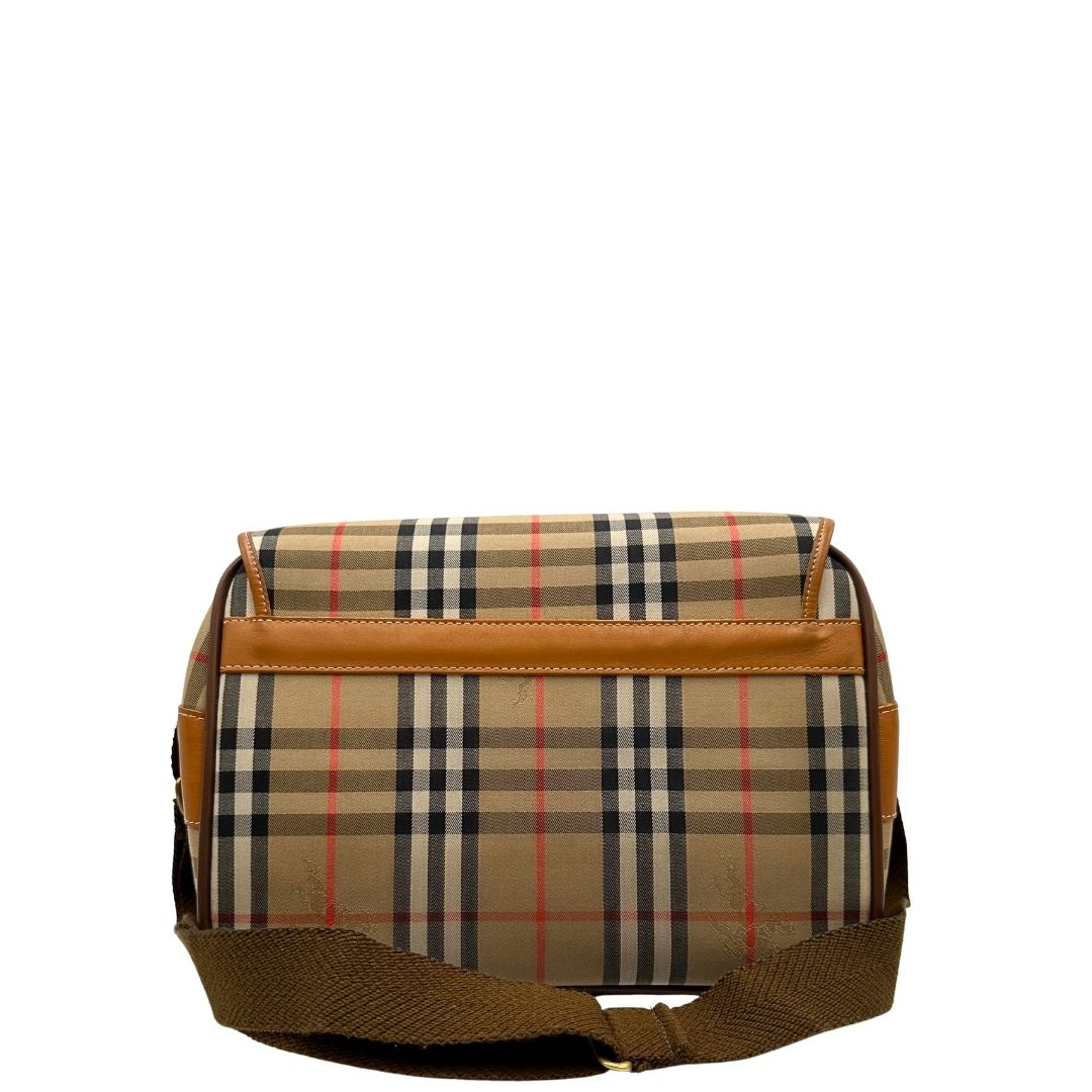 retro Borsa Burberry in tessuto beige tartan con finiture in pelle color cognac e parti metalliche dorate; munita di un manico regolabile in tessuto, di lusso, ottime condizioni, usata. 